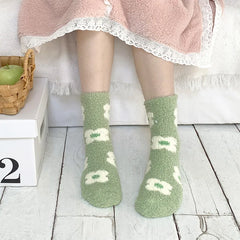 Lbsfy Women Socks Kawaii Cute Strawberry Cherry Flowers Winter Thicken Warm Soft Coral Fleece Thermal Homewear Floor Sleeping Socks