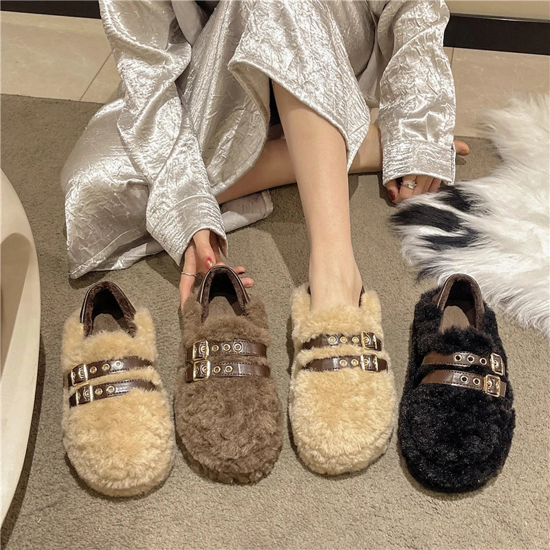 LBSFY -New Style Fashion Women Shearling Flats Furry Lambswool Mocasines Warm Cotton Shoes Ladies Slip on Sheep Fur Lined Loafers