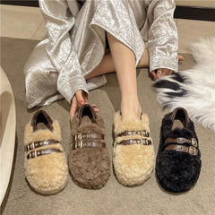 LBSFY -New Style Fashion Women Shearling Flats Furry Lambswool Mocasines Warm Cotton Shoes Ladies Slip on Sheep Fur Lined Loafers