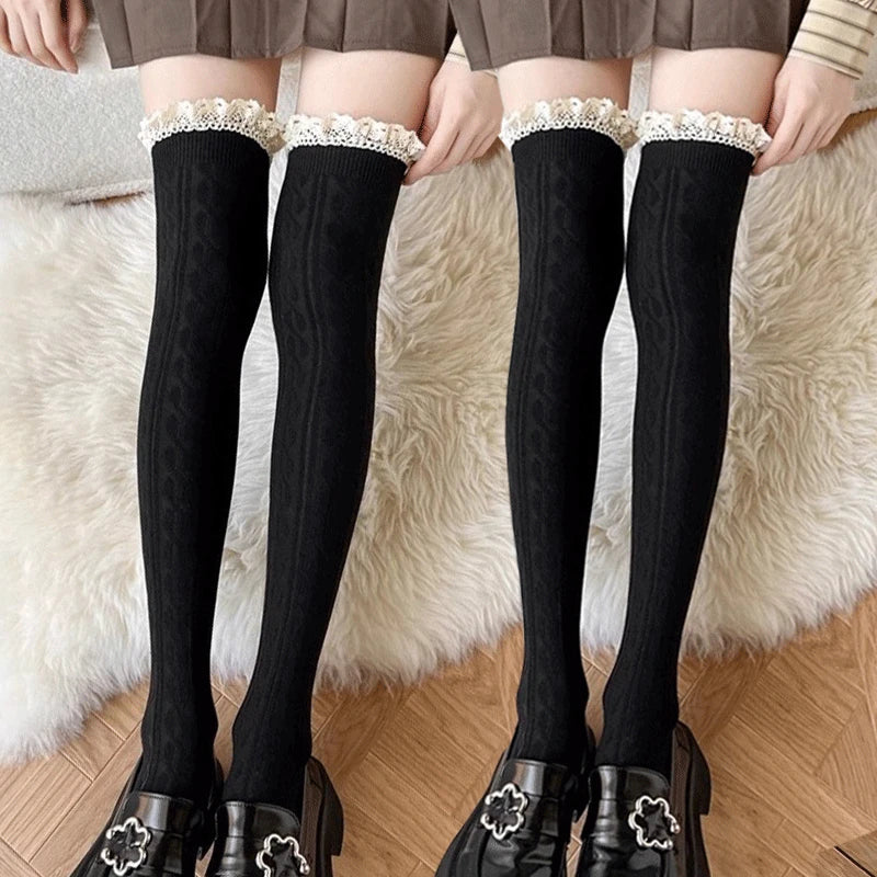 Lbsfy Japanese JK Lace Socks Lolita Lace Stockings Women Knitted Pattern Girls Cute Elegant Solid Color Winter Warmer Floor Hosiery