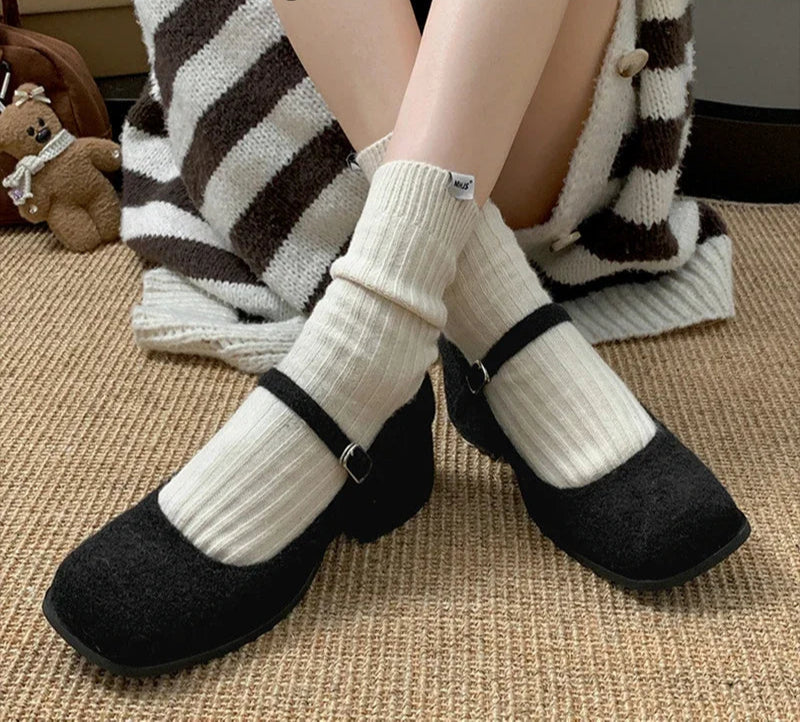 LBSFY  -  Designer Spring Square Toe Women Lamb Wool Mary Jane Shoes Fashion Shallow Thick Heel Shoes Concise Outdoor Lady Shoes