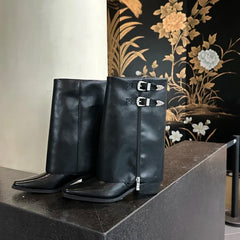 LBSFY  -  Women Western Cowgirl Booties Fashion Side Zippers Mid Calf Booties Retro Style Autumn Female Thick Heel Shoes