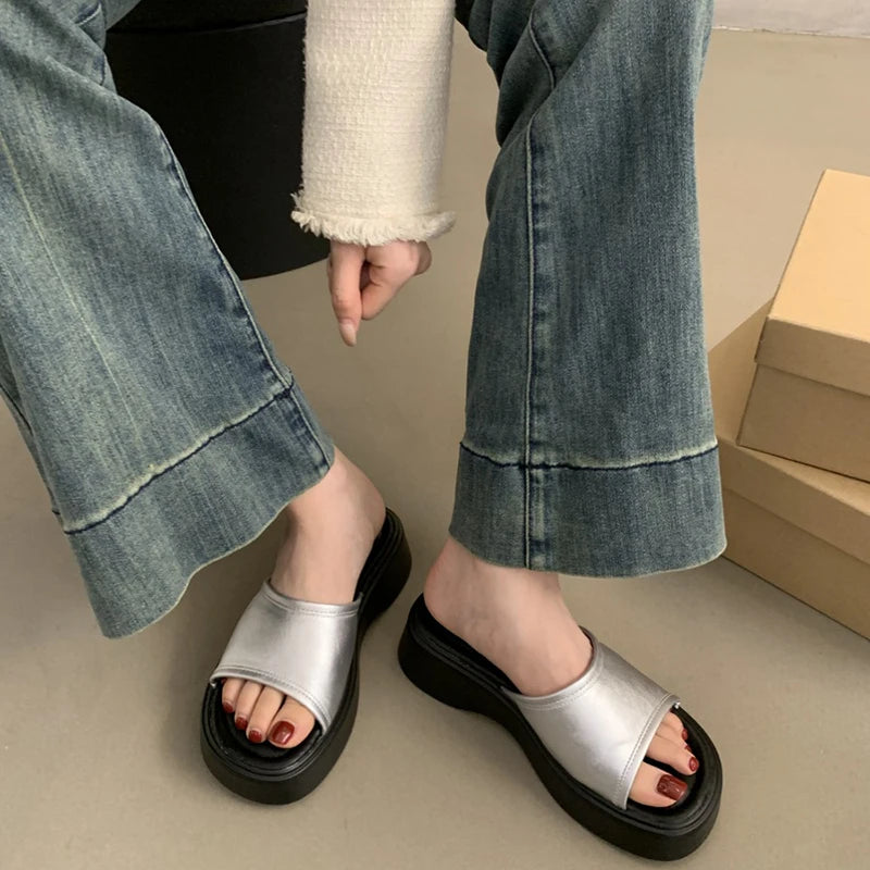 LBSFY  -  2024 Summer Chunky Women Slipper Fashion Open Toe Slip On Ladies Elegant Platform Flats Slides Soft Flat Beach Sandal Shoes