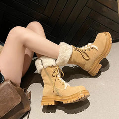 LBSFY  -  Cow Suede Leather Boots Women Lace Up Platform Thick Fur Warm Winter Snow Boots Ladies Fashion Ankle Boots Shoes