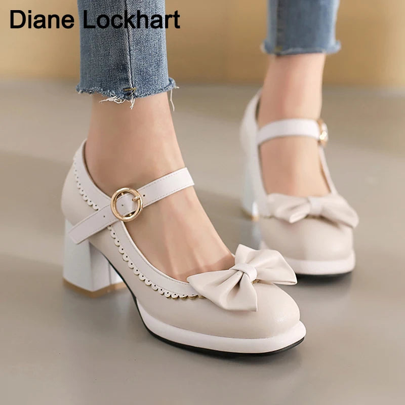LBSFY  -  Girls Sweet Bow Moccasins Shoes Womens Lolita Mixed Colors Mary Janes Square Heels Ballet Pumps Bordered Shoe zapatillas mujer