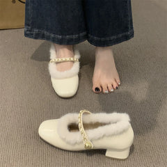 LBSFY  - Winter New Women's Shoes Plush Single Shoes Wearing Thick Heels with Velvet and Warm Cotton Shoes Outside French Marilyn Shoes