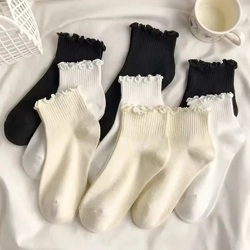 Lbsfy 1/3pairs Cute Cotton Ruffles Ankle Sock Women Autumn Black White Middle Tube Breathable Japanese Sock Lolita Kawaii Korean Stock