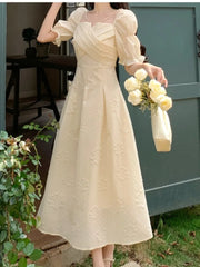 LBSFY -Women's Summer French Elegant Prom Dresses Fashion Slim Square Neck Vintage Long Casual Dress Female Party Commuting Dating Robe