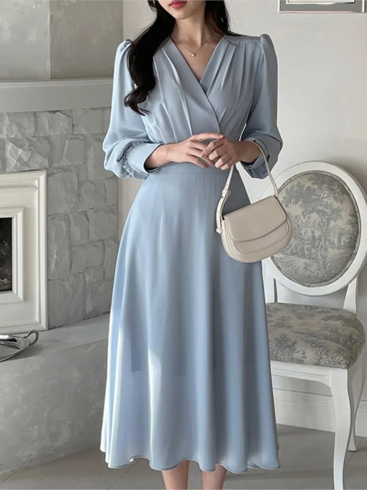 LBSFY -Korean Solid Midi Dresses for Women Fashion V-neck Long Sleeve A-line Solid Casual Dress Office Lady Clothing 2024 Autumn New