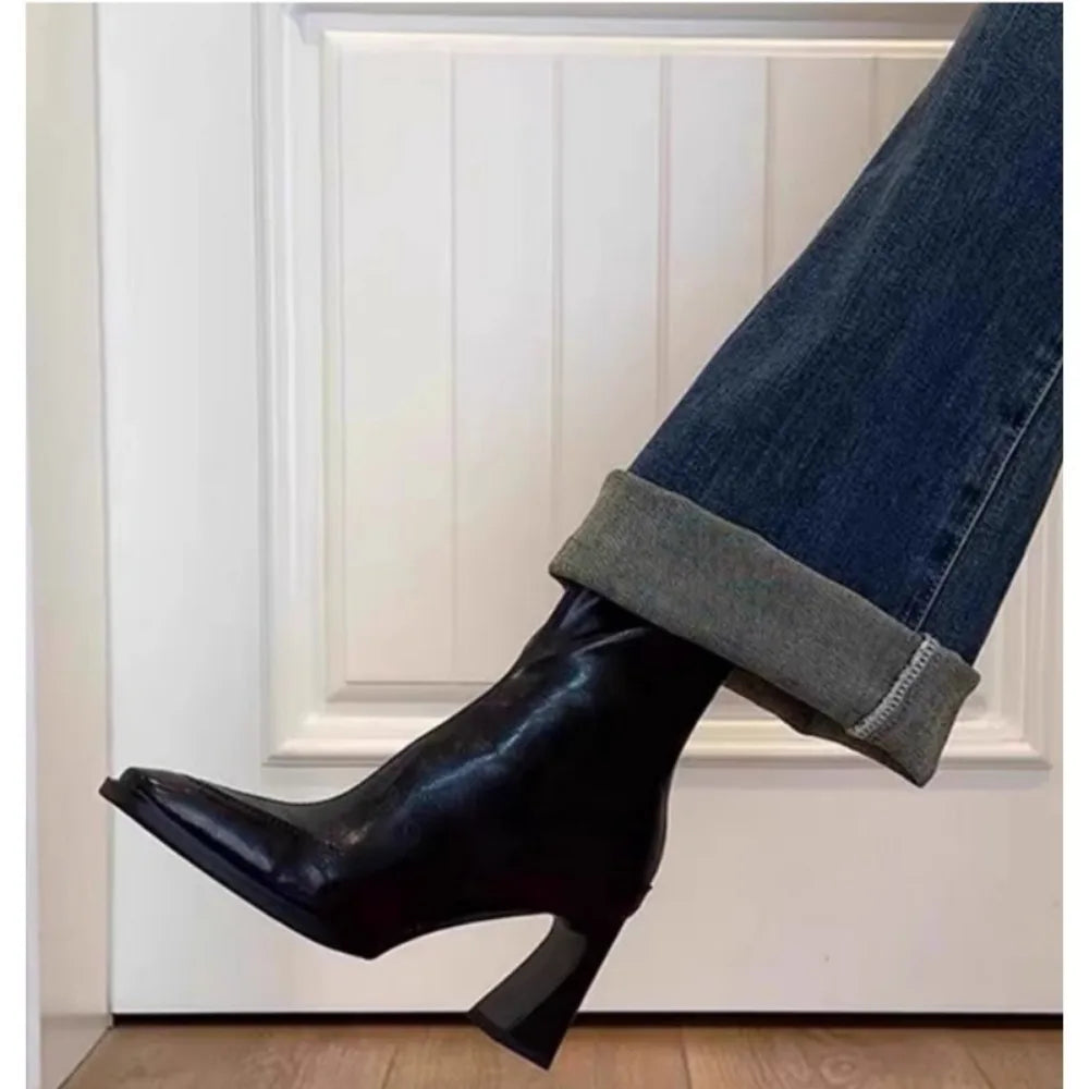 LBSFY -2025 Vintage High Heel Women Ankle Boots Fashion Square Toe Short Booties Autumn Winter Ladies Shoes Botas Mujer