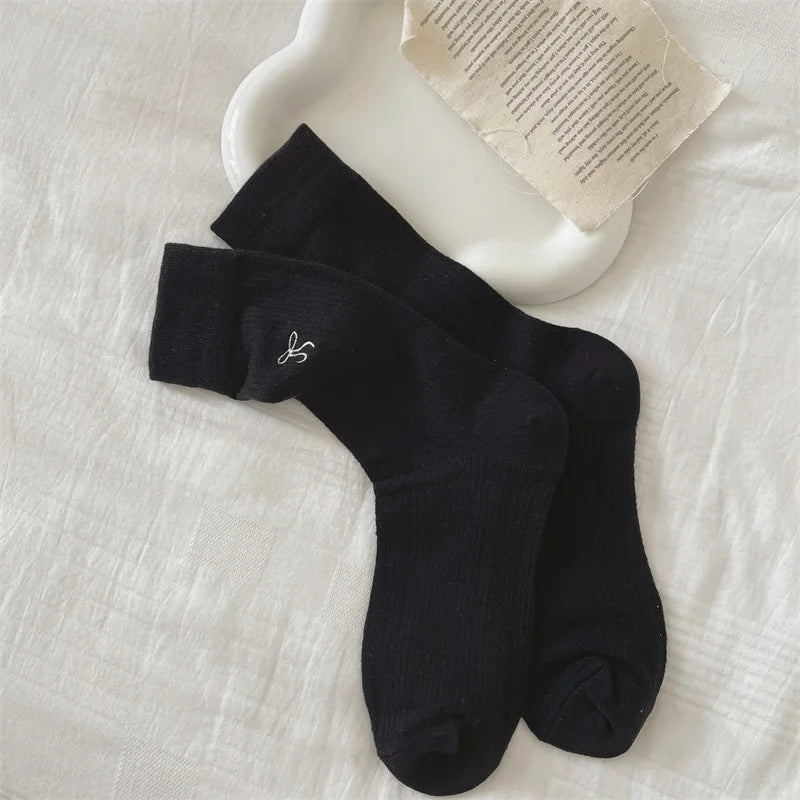Lbsfy Women's Socks Mid-tube Spring Summer White Thin JK Solid Colors Harajuku Fashion Kawaii Girls Ballet Hollowed-out Bow Socks