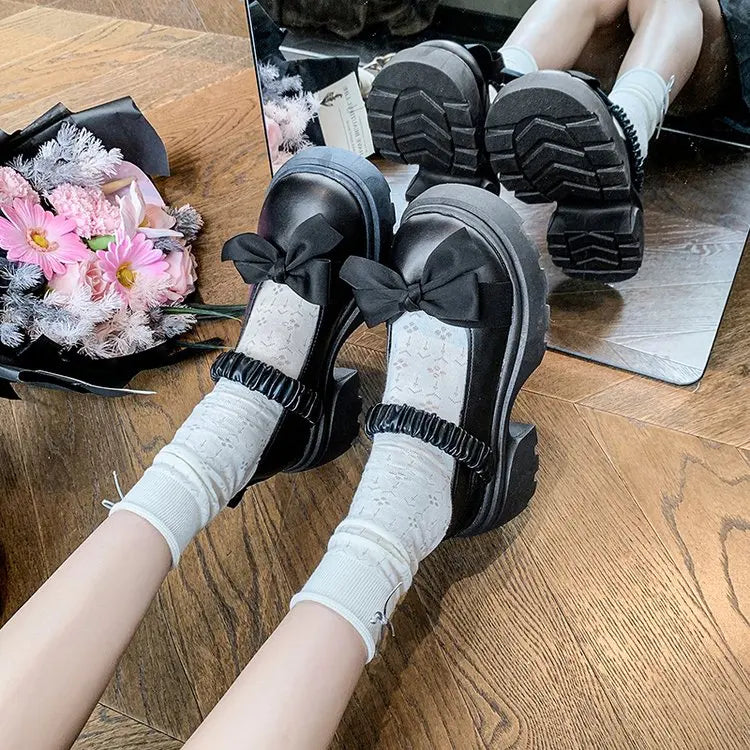 LBSFY -Japanese Style bowknot JK Thick Heel Mary Jane Women's Shoes Summer Vintage French Slip-On PU Leather Chunky Cosplay Pumps