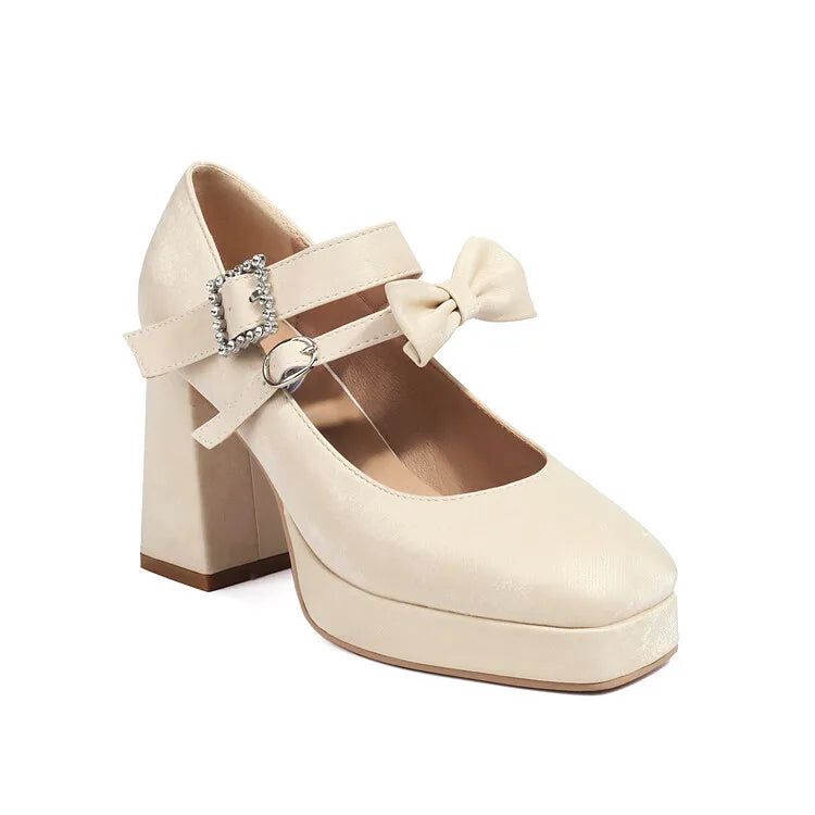 LBSFY  -  2024 Bow Platform Mary Jane Sandals 9cm Thick Heel Square Toe Wedding Sandals Birthday Party Sandals Plus Size Women Shoes 34-48