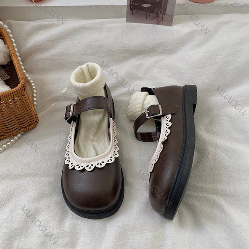 LBSFY -Lace Princess Kawaii Cute Lolita Shoes Student Jk Uniform Shoe Retro Sweet Girls Vintage Black Brown Gothic Round Toe Loafers