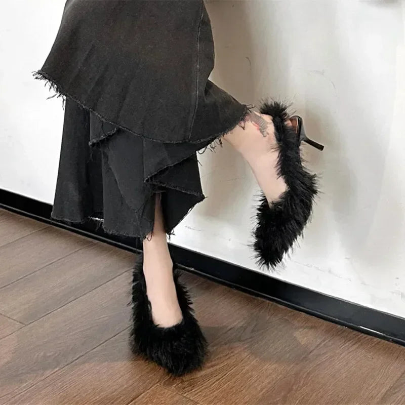 LBSFY  -  Novelty Design Furry Women Pumps Fashion Plush Tassel Style High Heels for Women Back Strap Thin Heeled Sandals Zapatos Mujer