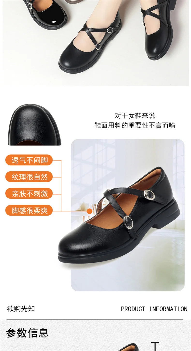 LBSFY -Spring Versatile Breathable Women Mary Jane Shoes Low Heel Buckle Strap Round Toe  Party Dance Soft Leather Single Shoes
