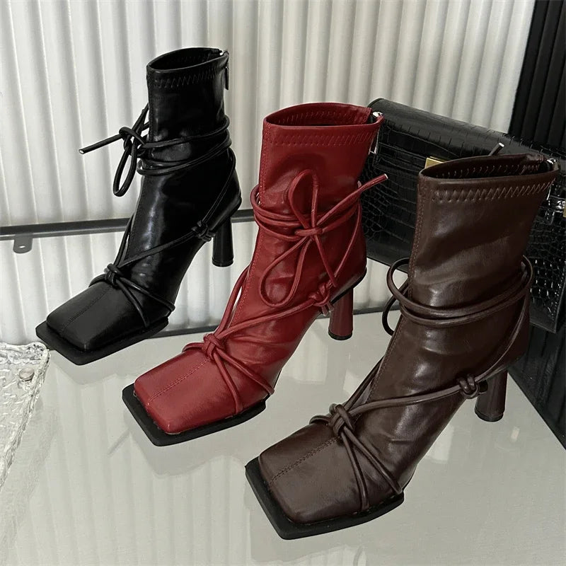 LBSFY  -  Spring Autumn Design Cross- Strap Women Ankle Boots Punk Style Square Toe High Heels Zipper Booties Shoes