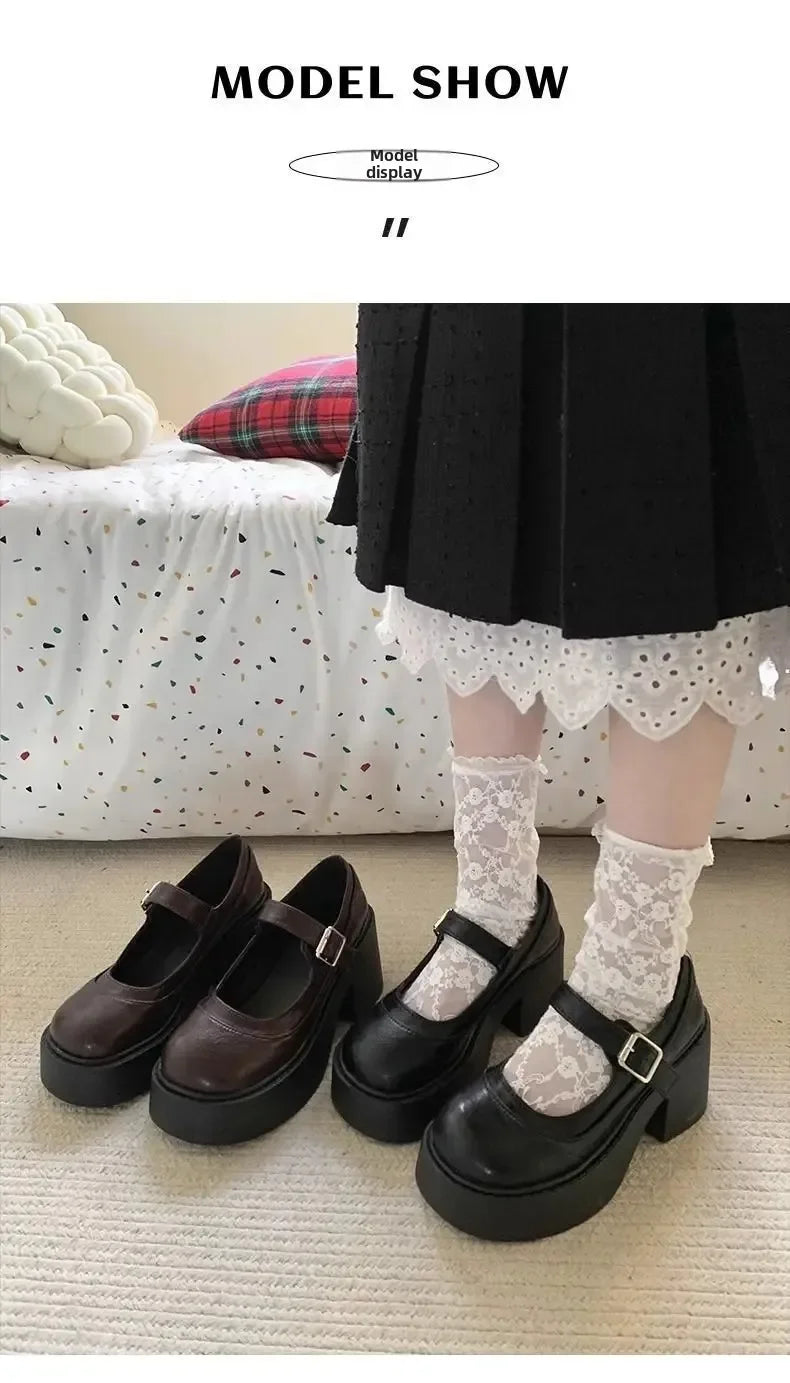 LBSFY -Brown Retro French Thick Heel Mary Janes Women's Shoes Spring 2025 New Style Heightening Flat Mouth High Heels Loafers Shoes