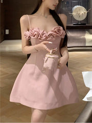 LBSFY -Summer Pink Princess French Elegant 3D Flower Mini Dress Women Spaghetti Straps Festival Ball Gown Evening Dresses Abend Kleider