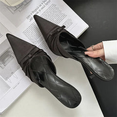 LBSFY -Spring Summer High Quality Butterfly-knot Pointed Toe Mules Women Slippers Fashion Thin Heels Party Dress Shoes