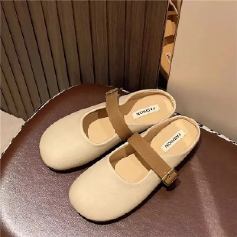 LBSFY -Soft Bottom Flat Bottom Mules Women's Slippers Spring Summer New French Style Padded Head Slip on Outdoor Rubber Heel Shoes