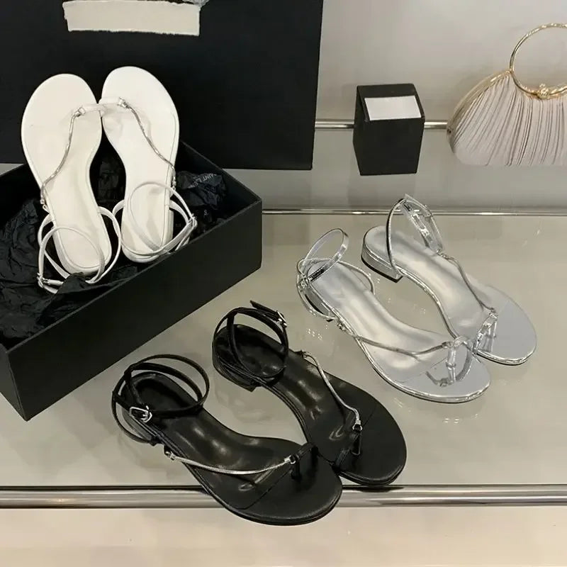 LBSFY -Summer Fashion Clip Toe Sandals Women Buckle Strap Thin Low Heels Chain Narrow Band Silver Party Dress Shoes