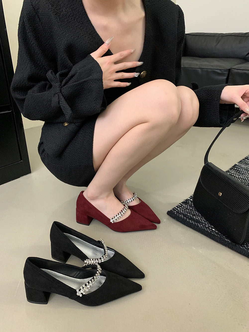 LBSFY  -  Fashion Women Pumps Pointed Toe Thick High Heels Rhinestone Chain Autumn Spring Elegant Party Pumps Shoes Woman Size 35-39