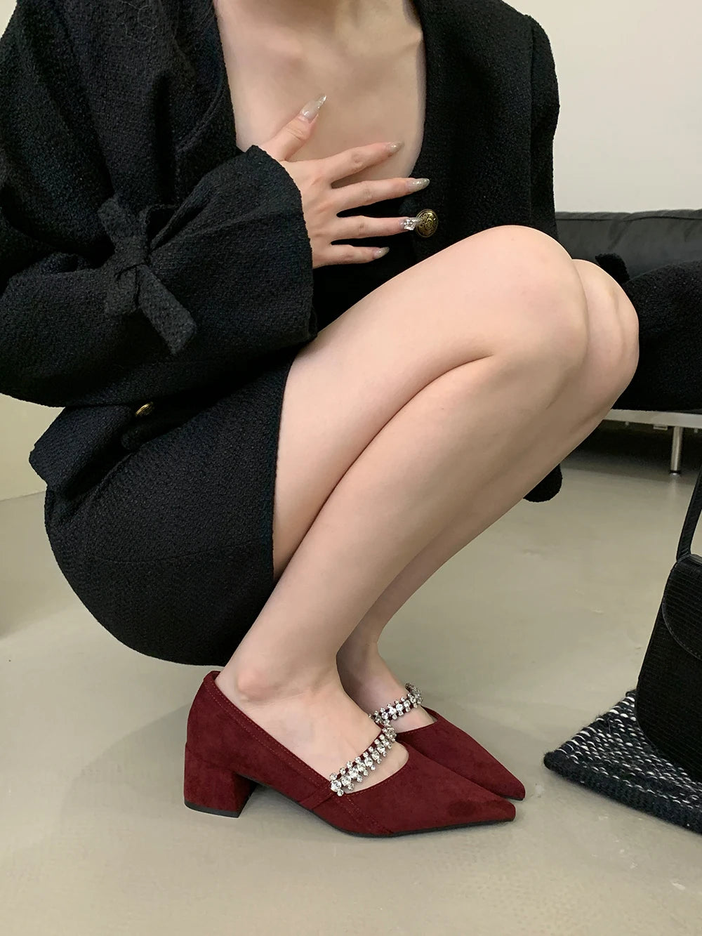 LBSFY  -  Fashion Women Pumps Pointed Toe Thick High Heels Rhinestone Chain Autumn Spring Elegant Party Pumps Shoes Woman Size 35-39
