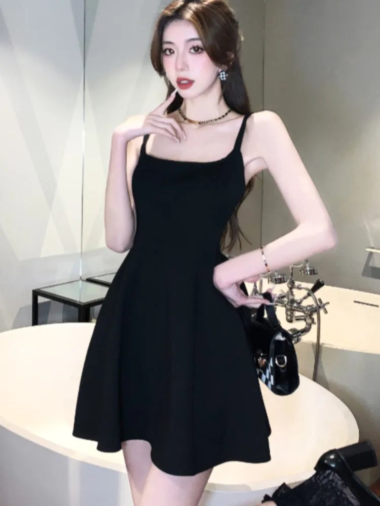 LBSFY -Black Sexy Spaghetti Strap Dress For Woman Elegant French Square-Collar Slim Waist Dresses Sleeveless Party Evening Skirt Summer