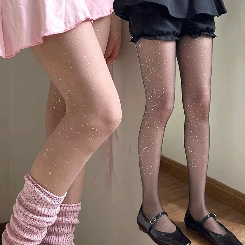 Lbsfy Vintage Women Sexy Thin Sparkling Sequin Silky Pantyhose Elastic Black Sexy Anti-Snag Night Club Tights Seamless Stockings