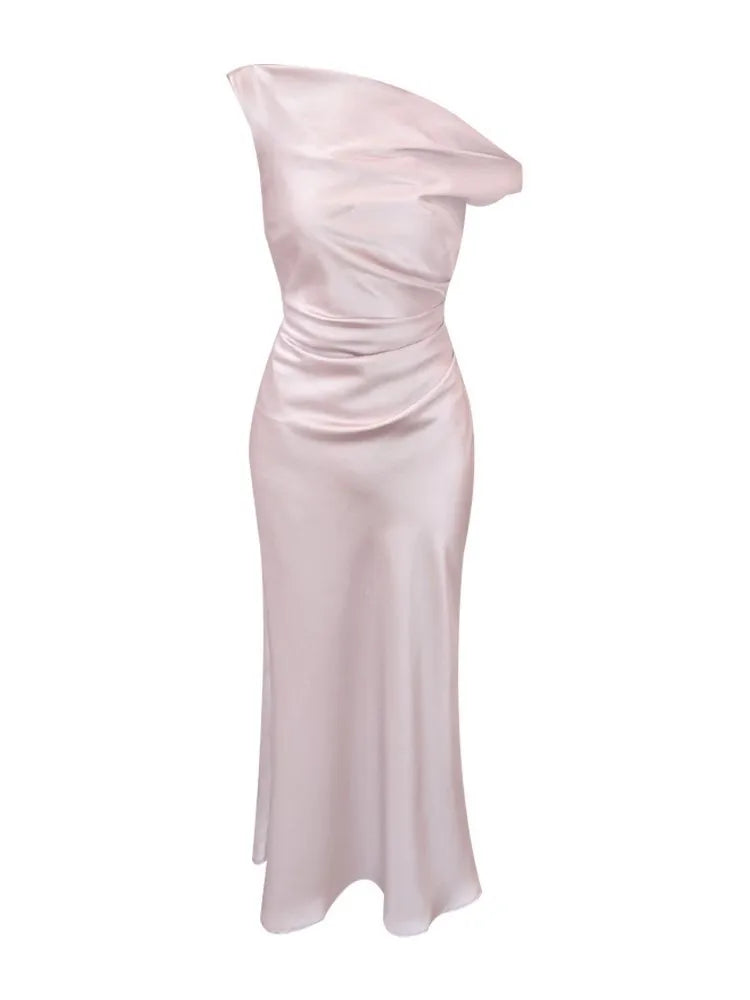 LBSFY -Elegant French Chic Satin Women's Dresses Solid Pleated Slim Waist Inclined Shoulder Mermaid Dress 2025 New Summer Evening Party