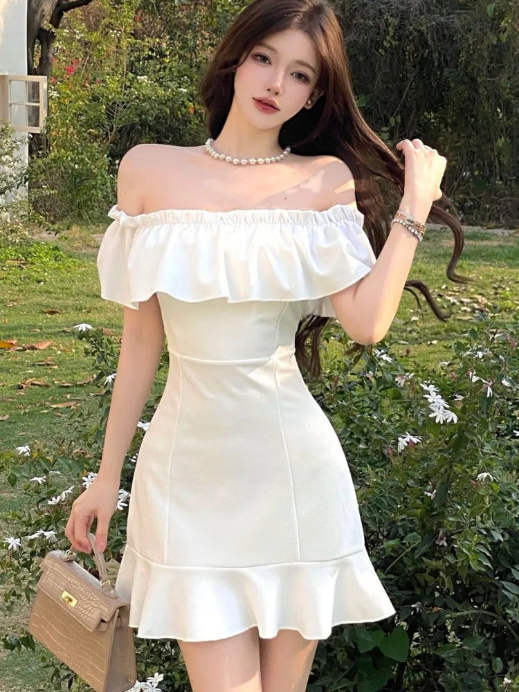 LBSFY -French White Ruffles Women's Short Dress Bodycon Slash-Collar Sexy Sweet Slim Fit Shoulder Party Evening Dresses Summer New 2025