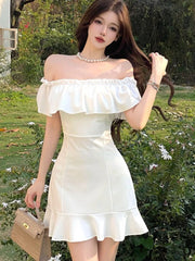 LBSFY -French White Ruffles Women's Short Dress Bodycon Slash-Collar Sexy Sweet Slim Fit Shoulder Party Evening Dresses Summer New 2025