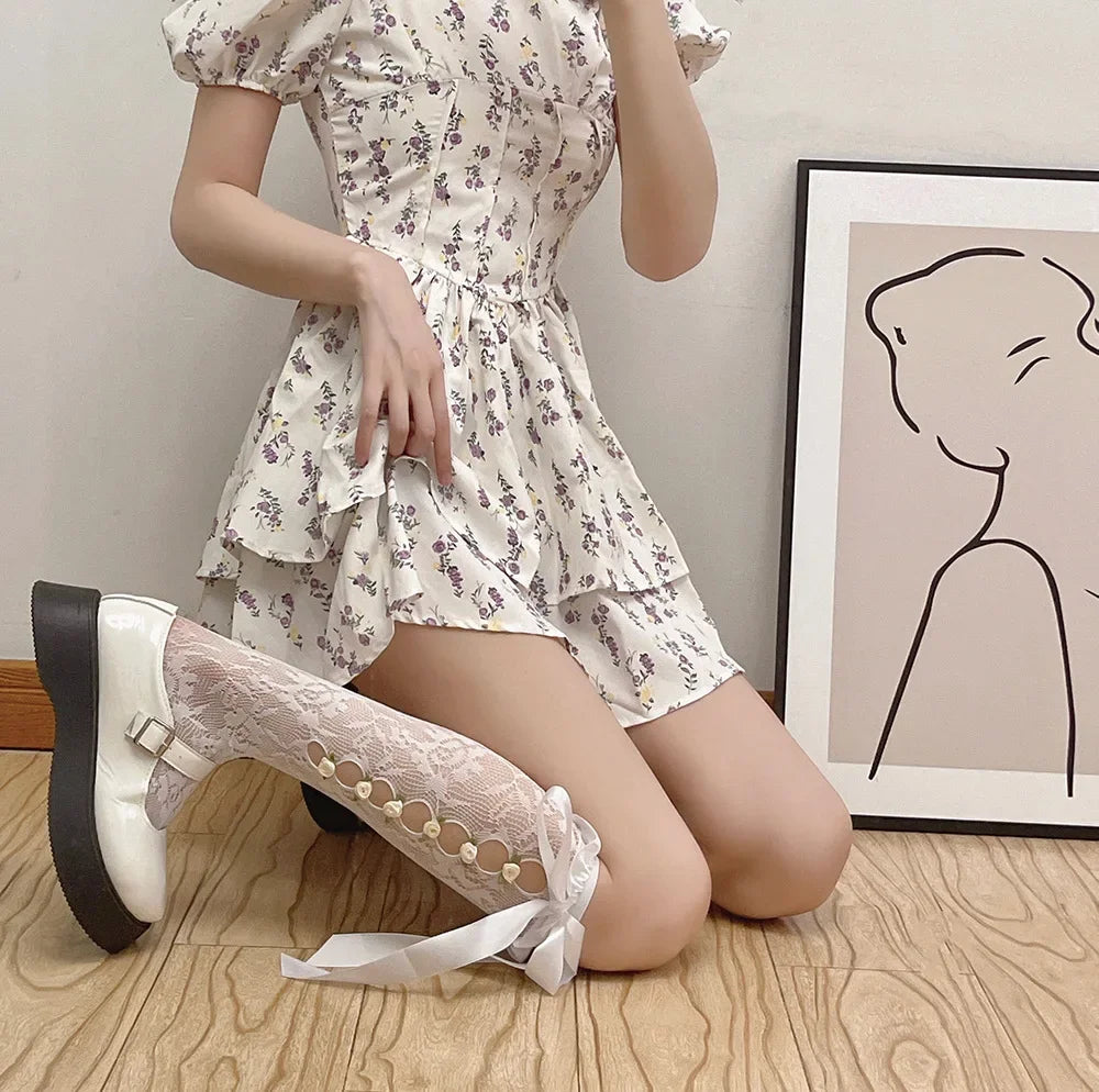 Lbsfy Cute Gothic Style Ruffles Hollow Bow JK Lolita Stockings Women Sexy Lace Mesh White Black Fishnet Knee High Long Socks Lingerie