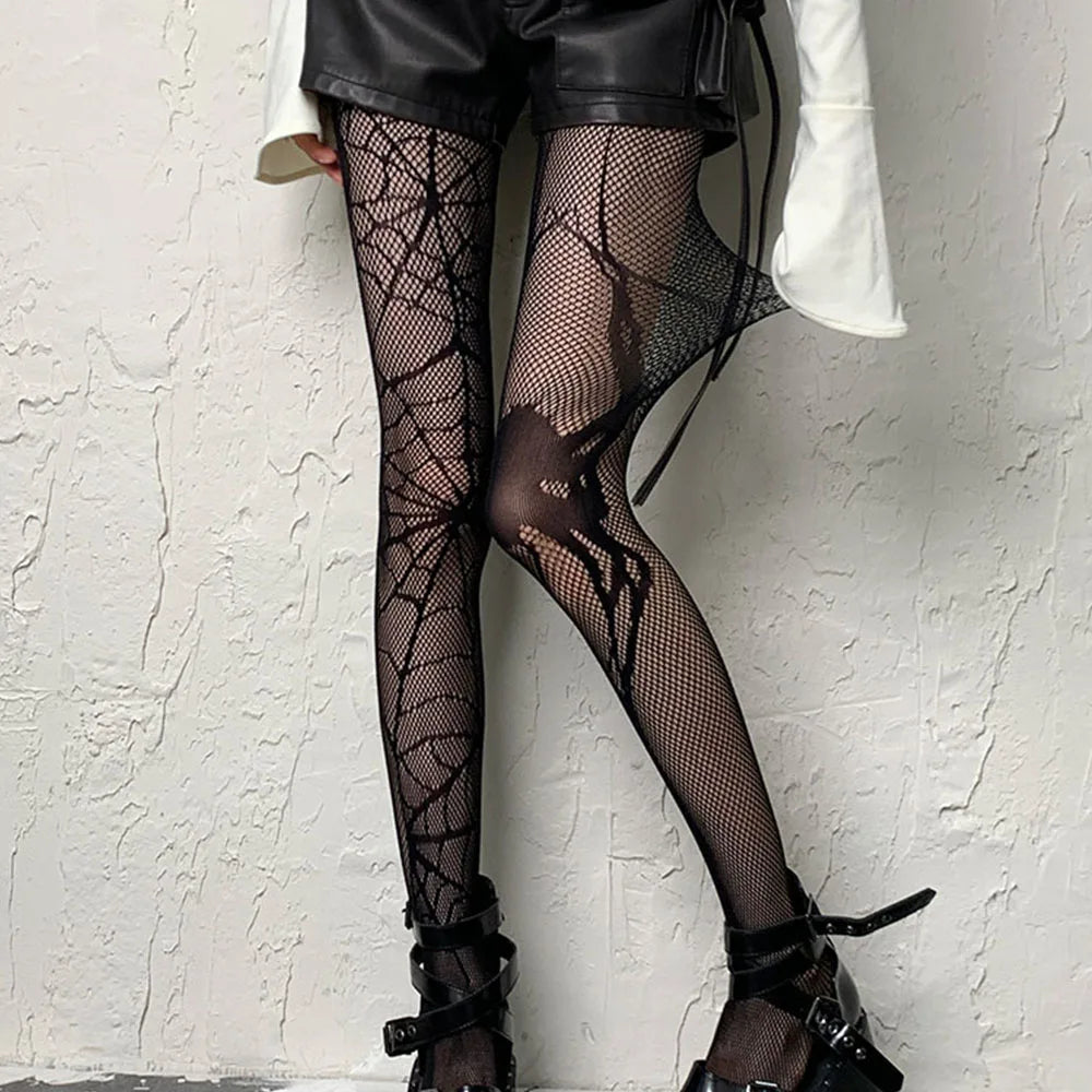 Lbsfy Punk Gothic Asymmetric Spiders Fishing Net Stockings Women Sexy Black Halloween Pantyhose Tights Cosplay Club Party Accessories