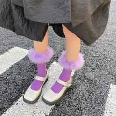 Lbsfy Pink Women Fur Socks Jk Lolita Middle Tube Socks Feather Kawaii Japanese Cotton Funny Cute Pile Socks Cosplay Party Accessories