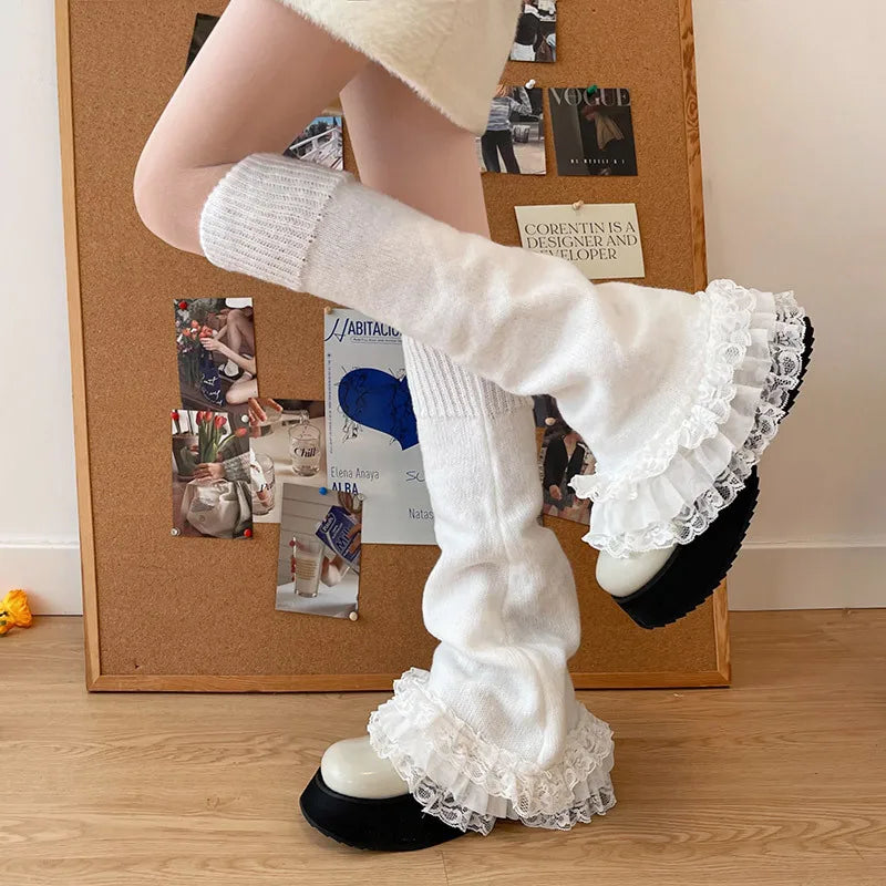 Lbsfy Punk Dark Black Leg Warmers Lace Over Knee Socks Winter Warm Knit Y2K Leg Covers Harajuku Boot Cuffs Japanese JK Lolita Sock