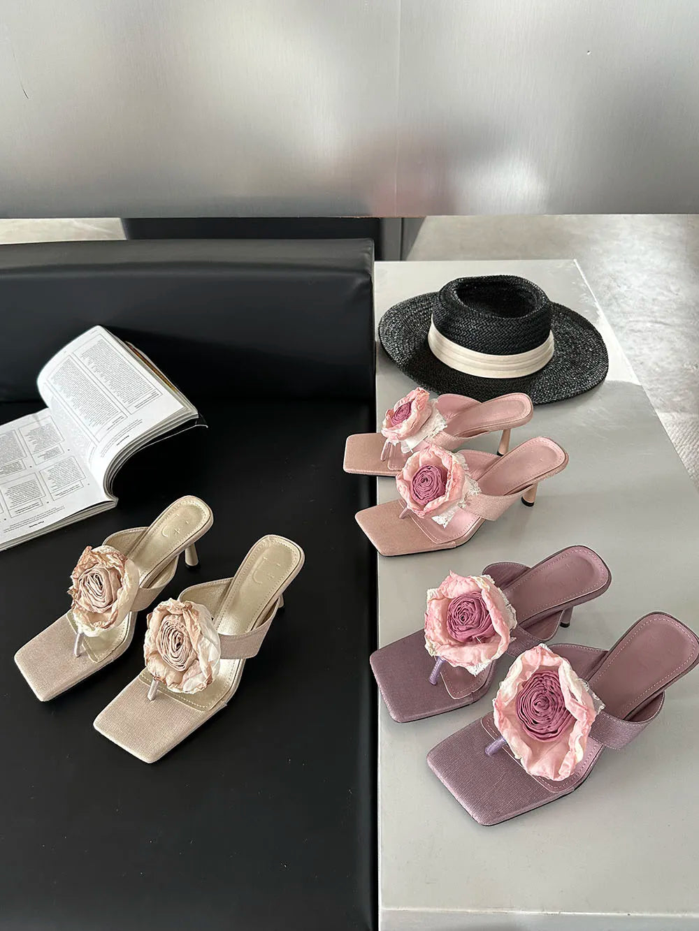 LBSFY  -  Open Toe Women Sandals Slides Beige Pink Purple Flower Design Summer Outside Mules Shoes Thin High Heels Dress Slippers 35-39