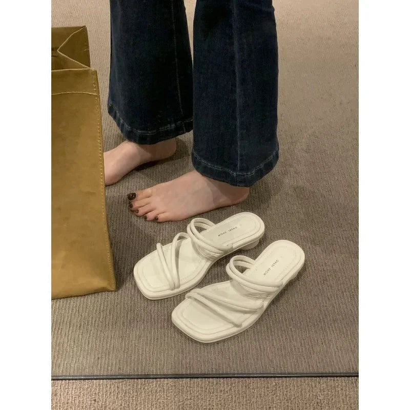 LBSFY -French Style Low Heel Sandals Women's Outdoor Wearable Slippers Exposed Toe Thin Strap Gentle Evening Breeze Slippers