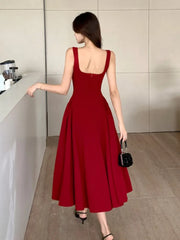 LBSFY -Vintage Elegant French Spaghetti Strap Women's Dresses Square Collar Sleeveless A-Line Wedding Party Dress Female Prom Vestidos