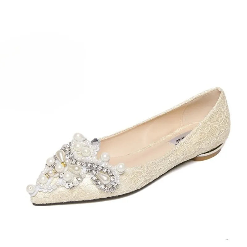 LBSFY -New Crown Pearl Soft Flats Wedding Shoes Pointed Toe Women Dress Moccasins Low Pearl Heel Ladies Fashion Luxury Plus Size 43