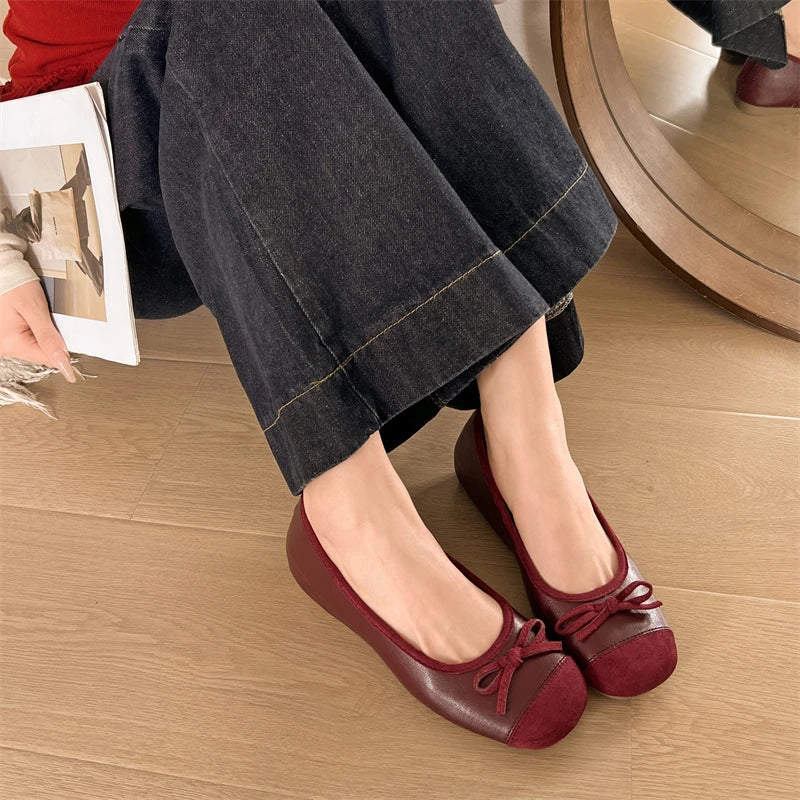 LBSFY -New Style Women's Red Elegant Bowknot Round Toe Women's Flat Comfort Slip-On Ladies Ballerina Single Mules Shoes Zapatos Mujer