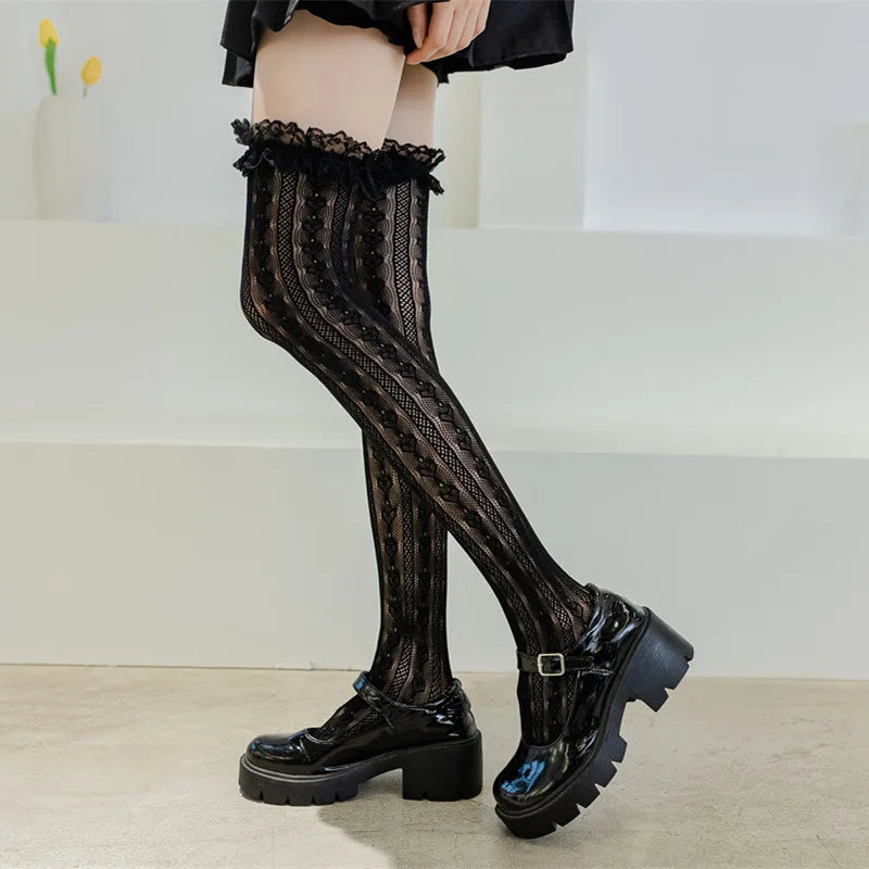Lbsfy Stockings Woman Summer Thin Lace Hollow White Thigh High Lolita Socks for Women JK Cute Black Long Stockings