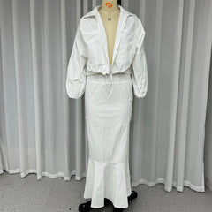 LBSFY  -  Two Pice Set Office Elegant Women Solid Lapel Lace Up Long Lantern Sleeve Cardigan Top A Line With Pockets Long Skirt Set