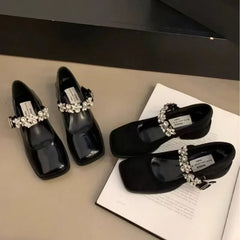 LBSFY -Women's Fashion High Heel Single Shoes Autumn New Square Head Shallow Mouth Rhinestone Thick with Temperament Mary Jane Shoes