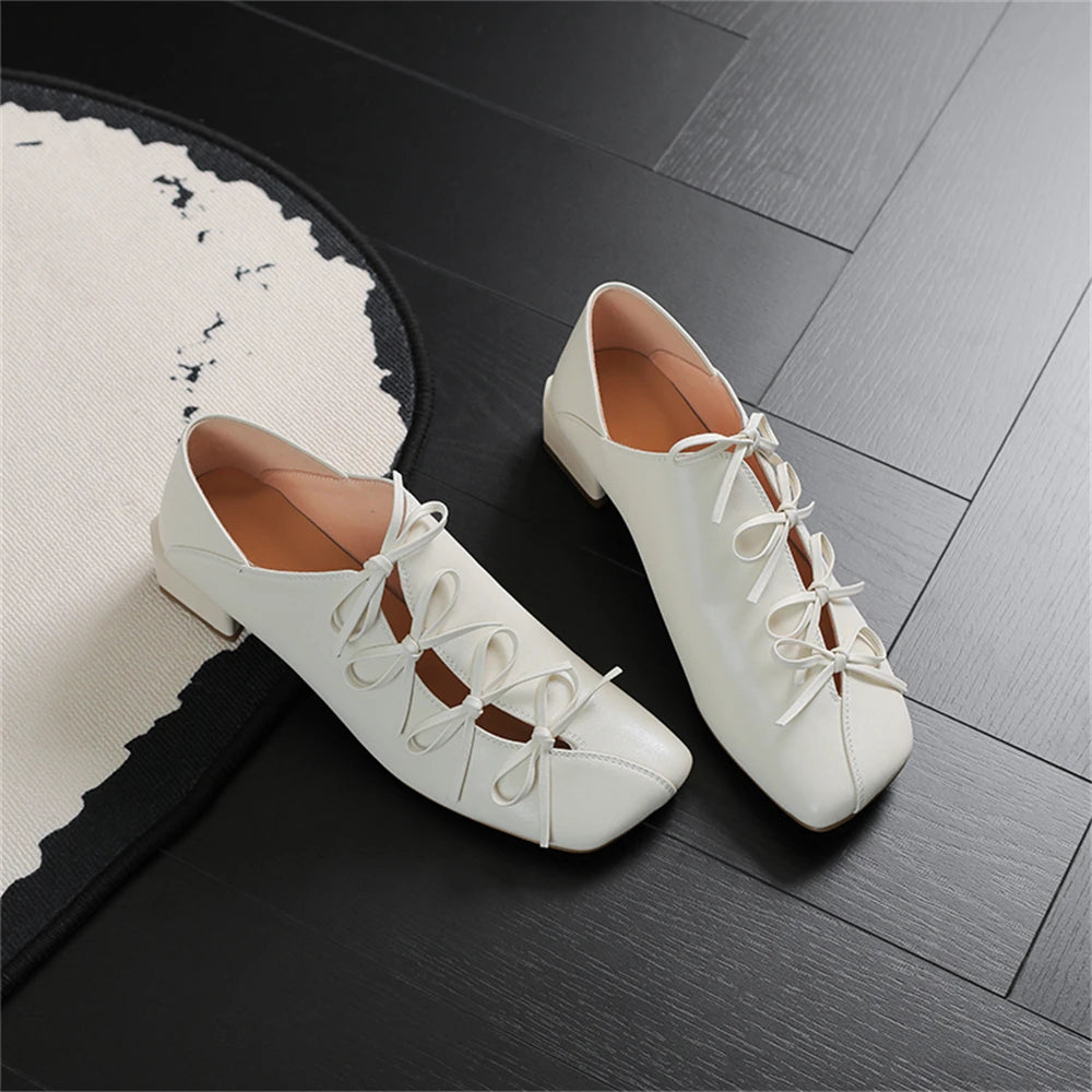 LBSFY  -  2025 Women Genuine Leather Square Toe Thick Heel Mature Sweet Dating Bowtie Party Wedding Shoes Woman Prom Pumps