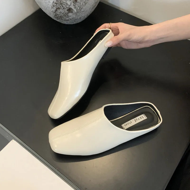 LBSFY - Autumn Women Flat Slipper Ladies Square Toe Slip On Ladies Casual Mules Shoes Flat Heel Outdoor Dress Sandal Shoes