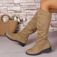 LBSFY -Pleated Boots Women Faux Suede Flock Knee High Boots Winter Women Fashion Slip on Square Low Heel Knight Booties Mujer
