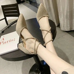 LBSFY -New Spring Autumn Women Heels Ankle Cross Strap Thick High Heel Sexy Female Shoes Casual Suede Black Pointed Toe Pumps