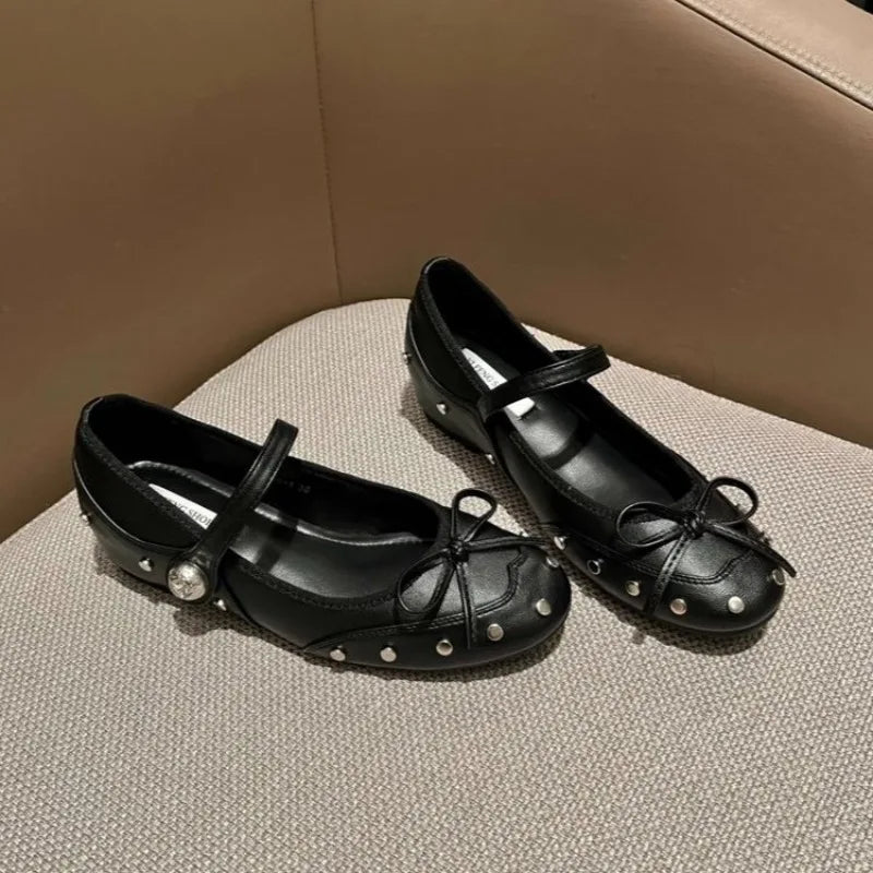 LBSFY -New Style Fashion Elegant Mary Janes Women's Flat Daily Dress Ladies Bow Tie Shallow Buckle Strap Soft Bottom Outdoor Flat Pumps